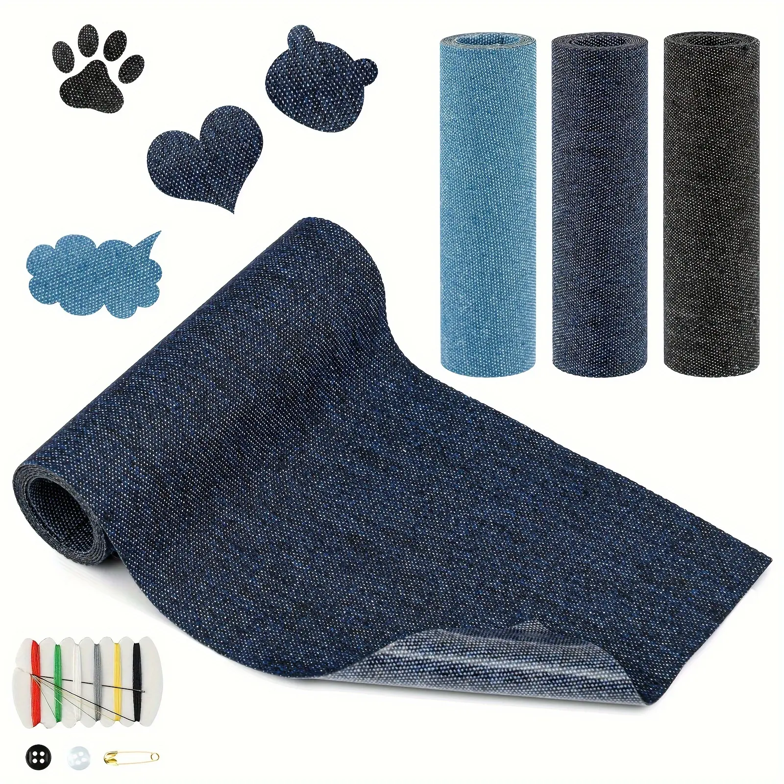 3 Rolls Iron-on Denim Patches - Easy, Durable, and DIY-Friendly Fabric Patches for Jeans Repair in 3 Colors - Complete with Sewing Kit and Precise Cut-to-Size for Creative Clothing Decoration