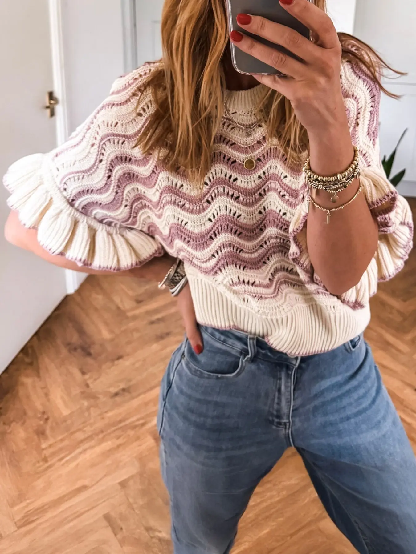 Summer Elegant Striped Wave Crochet Lace Detail Ruffle Sleeve Knit Top, Women's Fashionable Mid-Shoulder Design, Perfect for Daily Wear