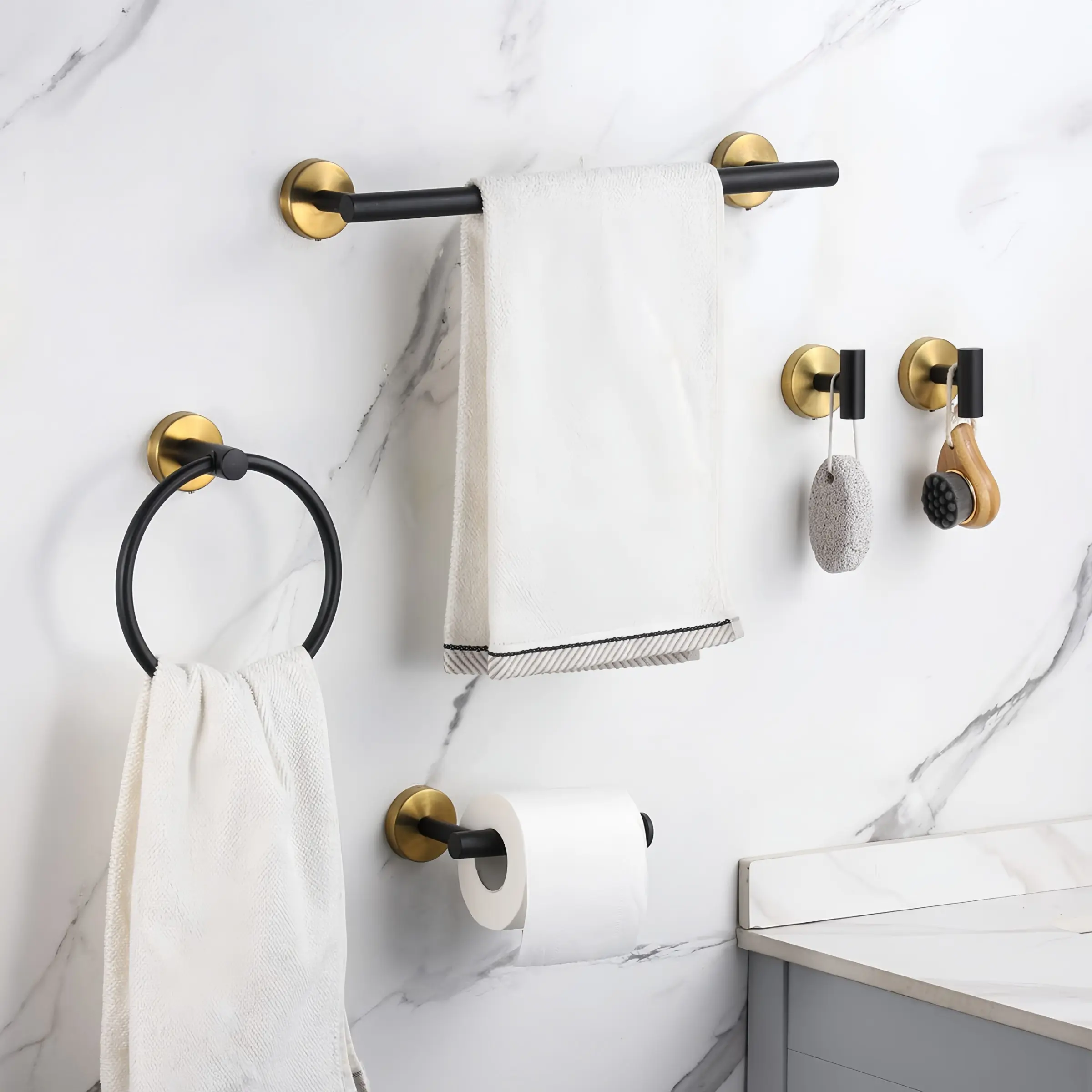 Bathroom Storage Set, Towel Holder Rod, Toilet Paper Rack, Door Hook, Multi-Functional Organizer, Wall-Mounted, 1 Set, Bathroom Organizing Accessories, Bathroom Essentials Accessories, Bathroom Organizers