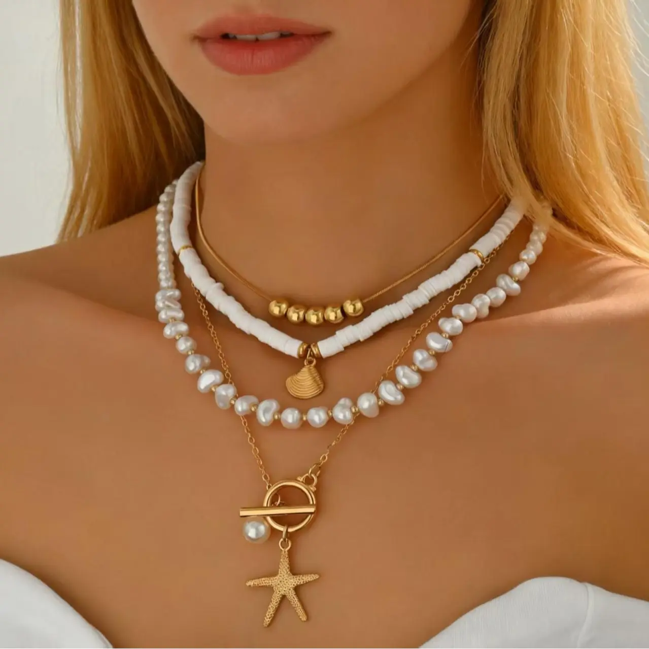 2026 Seashell Necklace Layered Pearl Conch Starfish Beach Jewelry Set for Women Adjustable Outfits Accessories