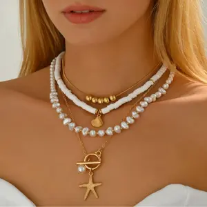 2026 Seashell Necklace Layered Pearl Conch Starfish Beach Jewelry Set for Women Adjustable Outfits Accessories
