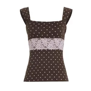 Y2K Polka Dot Lace Patchwork Tank Top, Women's Square Neck Bodycon Cami, Vintage Color Block Sleeveless Top