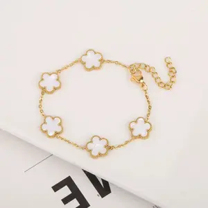 1Pc Stainless Steel New Plant Clover Adjustable Bracelet for Women, Hot Selling Five Leaf Flower Shell Acrylic Bracelet Jewelry
