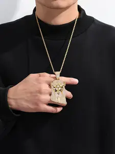 Jesus Head Hip Hop Pendant Necklace Cuban Link Design Chain for Men and Women, Trendy Streetwear Jewelry Gift for Djs and Nightclub Lovers, Iced Out Jewelry