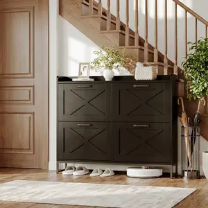 VOWNER 47.2" Farmhouse Shoe Storage Cabinet, 4 Flip Drawers for 24 Pairs, Narrow Hidden Shoe Rack With Metal Legs, Freestanding Wooden Shoe Organizer, For Entryway, Hallway or Living room