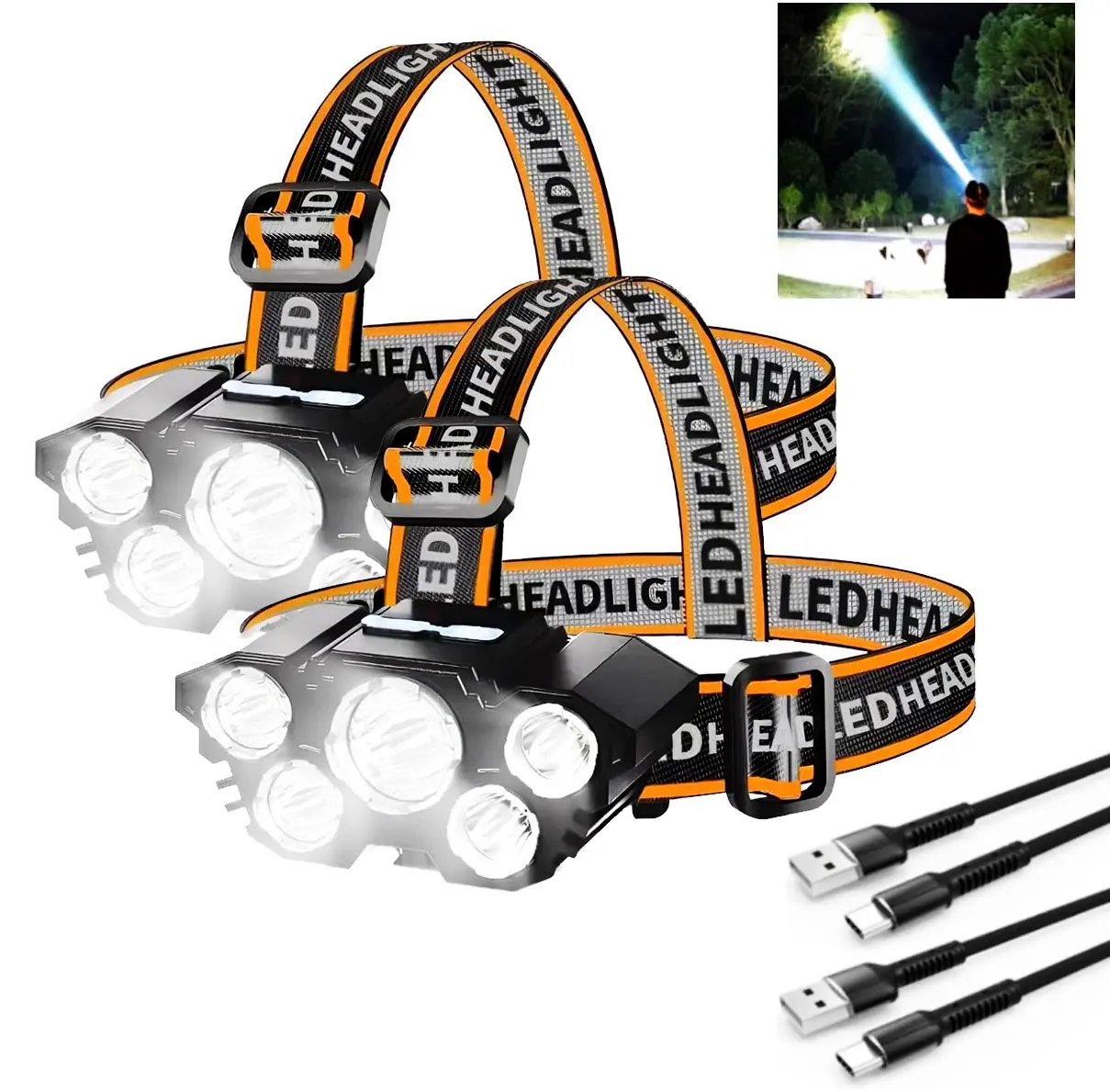 Headlight LED Rechargeable, High Lumens Bright Headlight with 5 LED Lights, USB Headlights, 4 Modes IPX4 Waterproof Head Flashlight for Outdoor Running Hunting Hiking Camping Clothes rechargeable headlamp adjustable flashlight Headlamp