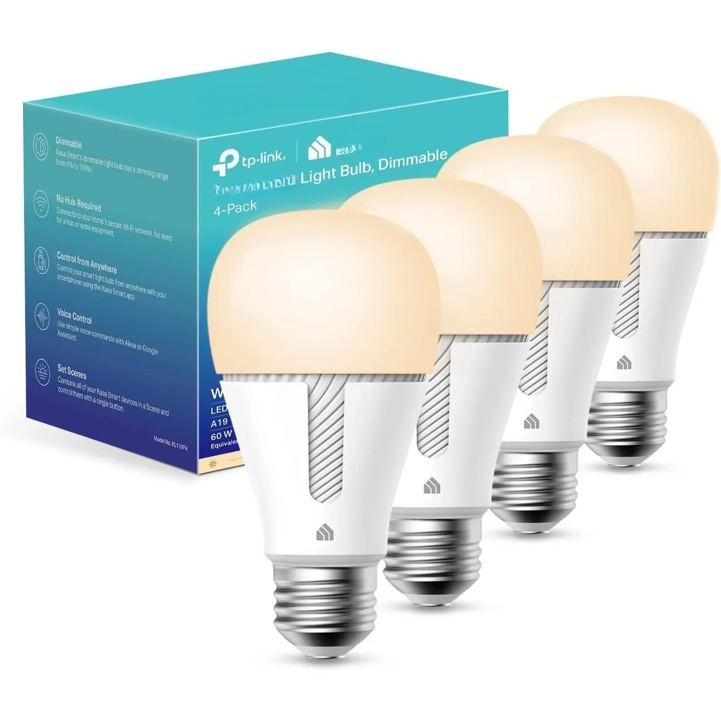 Light Bulbs that works with Alexa and Google Home, Dimmable Smart LED Bulb, A19, 9W, 800Lumens, Soft White(2700K), CRI≥90, WiFi 2.4Ghz only, No Hub Required, 4 Count (Pack of 1)(KL110P4)