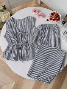 2026 New Striped Front Bow Open Front Long Sleeve Shirt, Casual Straight-Leg Pants, Versatile 2pcs Set, Fashionable Combo