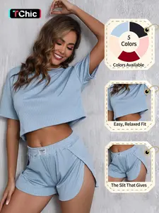 Women's Solid Elastic Ribbed Crop Tee & Shorts Slit Pajama Two-piece Set, Casual Comfy Fit Short Sleeve T-shirt & Shorts Pajama Set, Ladies Summer Sleepwear Loungewear