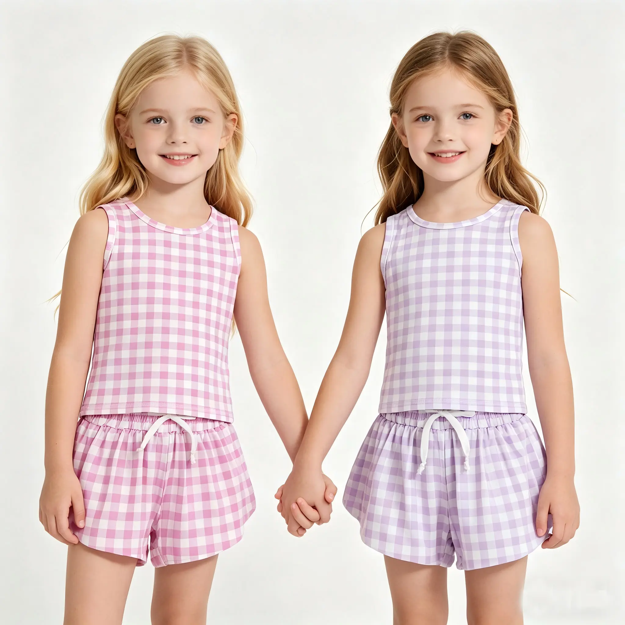 Girls pink plaid tank top skorts active wear yoga  athletic set
