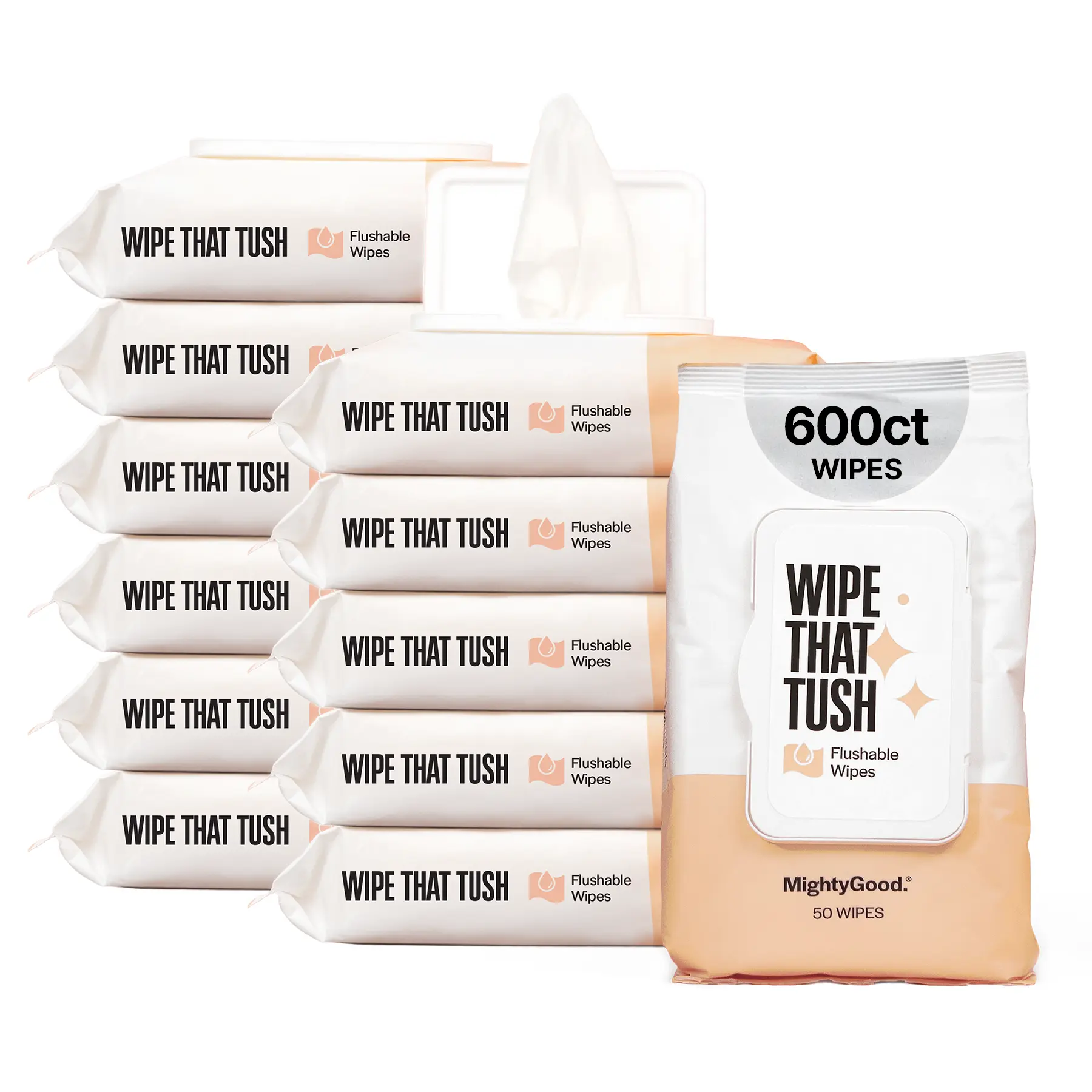 Wipe That Tush Flushable Wipes - 12 Packs of 50, 600 Total - Extra Large & Soft - Hypoallergenic & Fragrance-Free With Aloe & Vitamin E - Septic-Safe