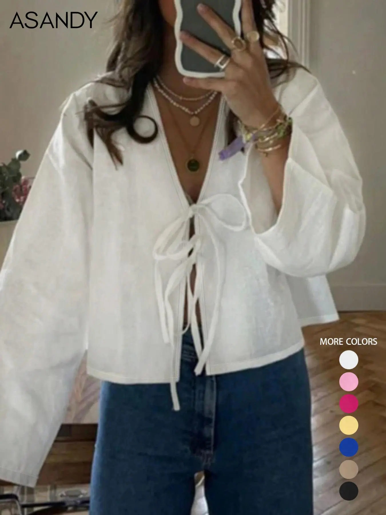 Women's Minimalist Plain Woven Tie Front V Neck Blouse, Shirts, Casual Long Sleeve Top for Spring & Fall, Women's Clothing for Daily Wear, Everyday