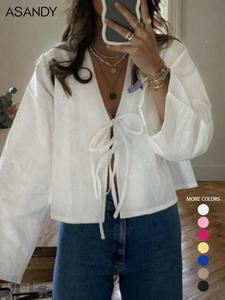 women's plain tie front v neck blouse, lady casual long sleeve top for spring & fall, women's clothing for daily wear, vneck womenswear, longsleeves, casual shirt