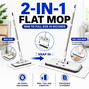 2-in-1 Flat Mop System with Dual Swap Heads, No-Touch Clip-On Design, Works with Any Cloth & Paper Towels, 52" Extendable Wet Dry Mop