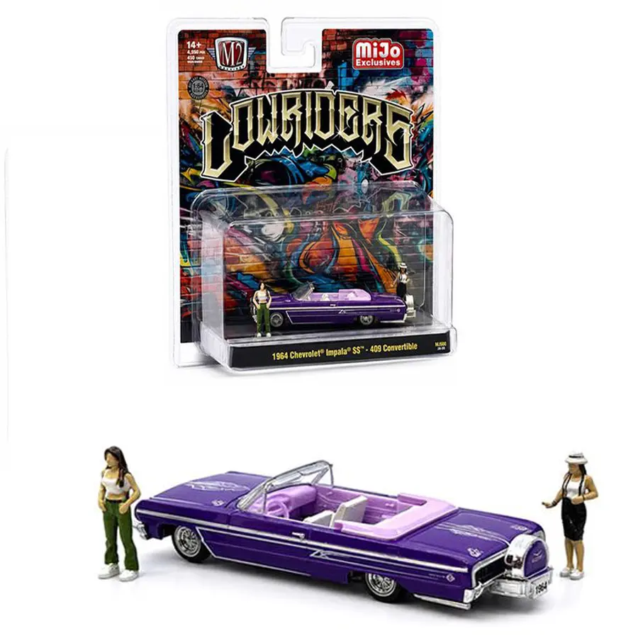 M2 Machines 1:64 Diorama Series 1964 Chevrolet Impala SS Convertible Top-Down Lowriders with 2 Ladies Figures – Metallic Purple