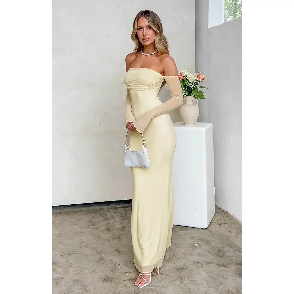 Odette Cream Long Sleeve Formal Maxi Dress