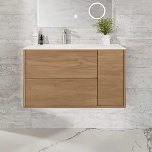 Prancer 36 in. Natural Oak Wall Mount Single Sink Bath Vanity with Solid Surface Top and Integrated Sink