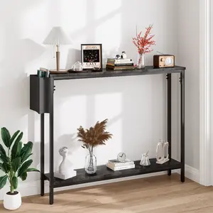 39.4" Console Entryway Table, 2-Tier Industrial Narrow Sofa Table with Storage Shelves for Hallway, Living Room, Bedroom, Foyer, Corridor, Office, Black