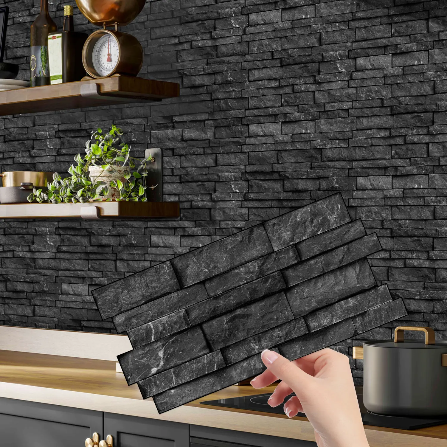 12/24/48PCS Irregular Solid Black Matte Natural Stone Tile Stickers (XY-HTP) | PVC Crystal Waterproof Oil-Proof Kitchen Bathroom Decor Decorative Wall Sticker Kitchen Bathroom Decoration