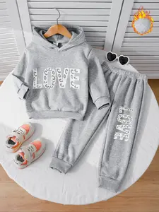 Girls' Fall & Winter Fleece Lined Casual Set, Long Sleeve Hooded Sweatshirt, Heart Print, Polyester, Perfect Gift for Kids