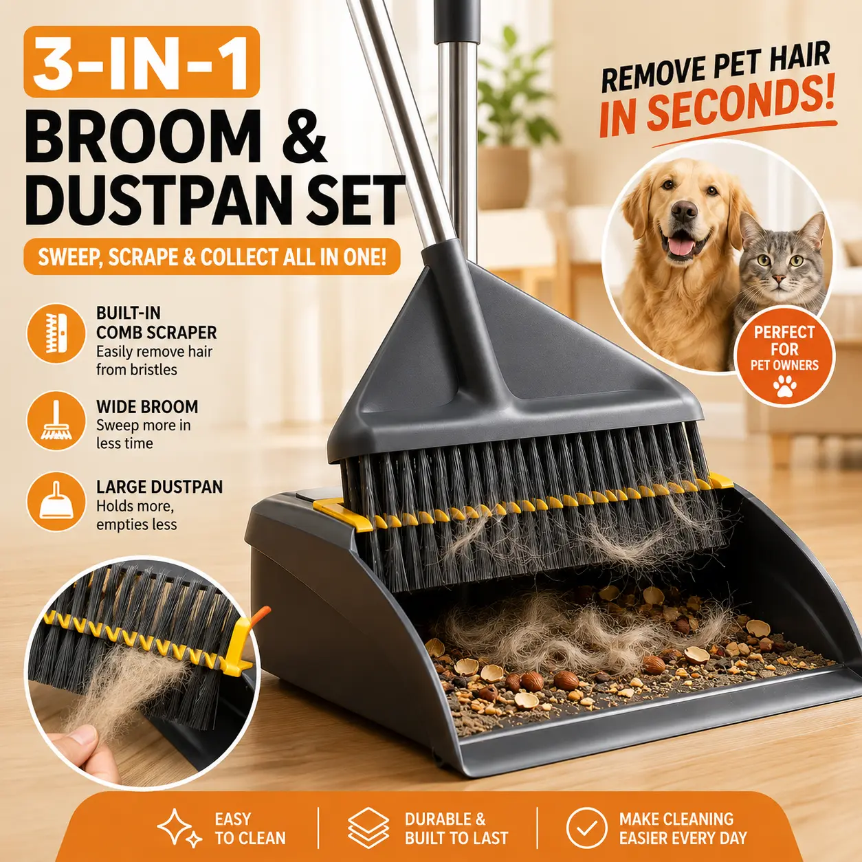 Joybos Broom and Dustpan Set with Comb Teeth, Heavy Duty Stainless Steel Long Handle Upright Broom for Pet Hair, Family Use, Home Kitchen & Outdoor Surfaces Multi-Size Cleaning Tool (Camping Essential), Centimeters