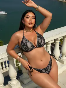 【Plus Size】 Two-Piece Set Solid Color Bikini Set, Casual Fashion Chic Bikini Top & Tie Side Swim Bottom Two-piece Swimsuit for Beach Holiday Vacation, Women's Summer Beach Bikini Swimwear for All Seasons