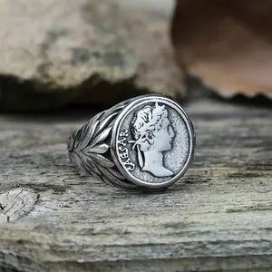 GTHIC Vintage Roman Julius Caesar Stainless Steel Signet Ring Fashion Accessories for Men Daily Wear