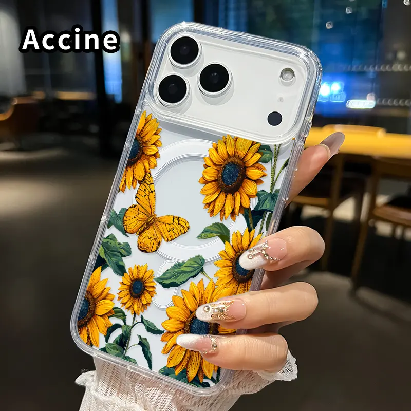 Clear Magnetic Case for iPhone 17 16  Pro Max Plus 15 14 13 12 11 Air E Sunflower and Butterfly  Hard Acrylic Back Soft Edge Four Corners Bumper Shockproof Cover Shell Gift