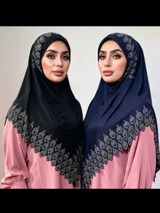 2pcs Elastic Rhinestone Leaf Trim Triangle Scarf, Muslim Headscarf, Slip-On Design, Fashionable Accessory, Perfect for Daily Wear