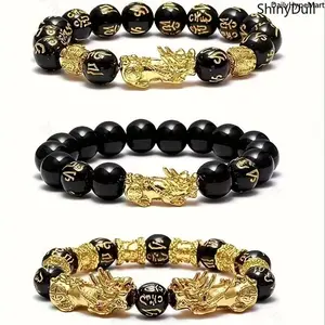 Beaded Bracelet Set, 3-Pack Lucky Charms Bracelet - Pixiu Black Beads for Men & Women