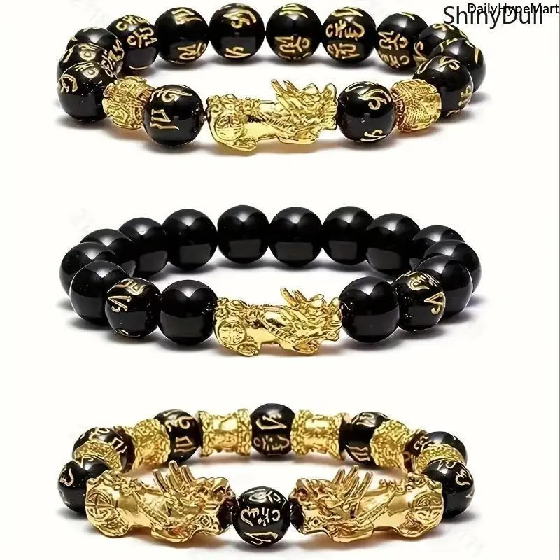Beaded Bracelet Set, 3-Pack Lucky Charms Bracelet - Pixiu Black Beads for Men & Women
