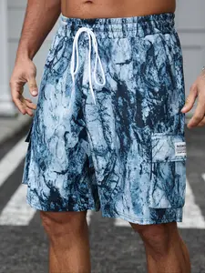 【Plus Size】 Men's Regular Fit Marble Print Swim Shorts, Swimwear Shorts, Casual Comfy Breathable Shorts for Summer, Men's Bottoms for Outdoor Activities, Swimming Shorts