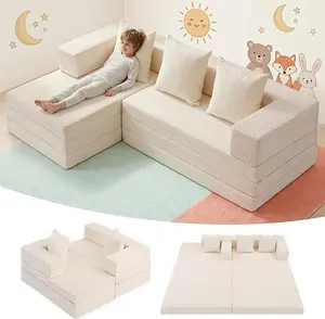WINZOO Kid's Boneless Modular Sectional Cloud Couch - L-Shape Chaise, Tri-Folding Oversized Convertible Sleeper Sofa Bed, Corduroy Futon for Small Living Rooms & Apartments, No Assembly Indoor Furniture, Boneless Sectional Couch