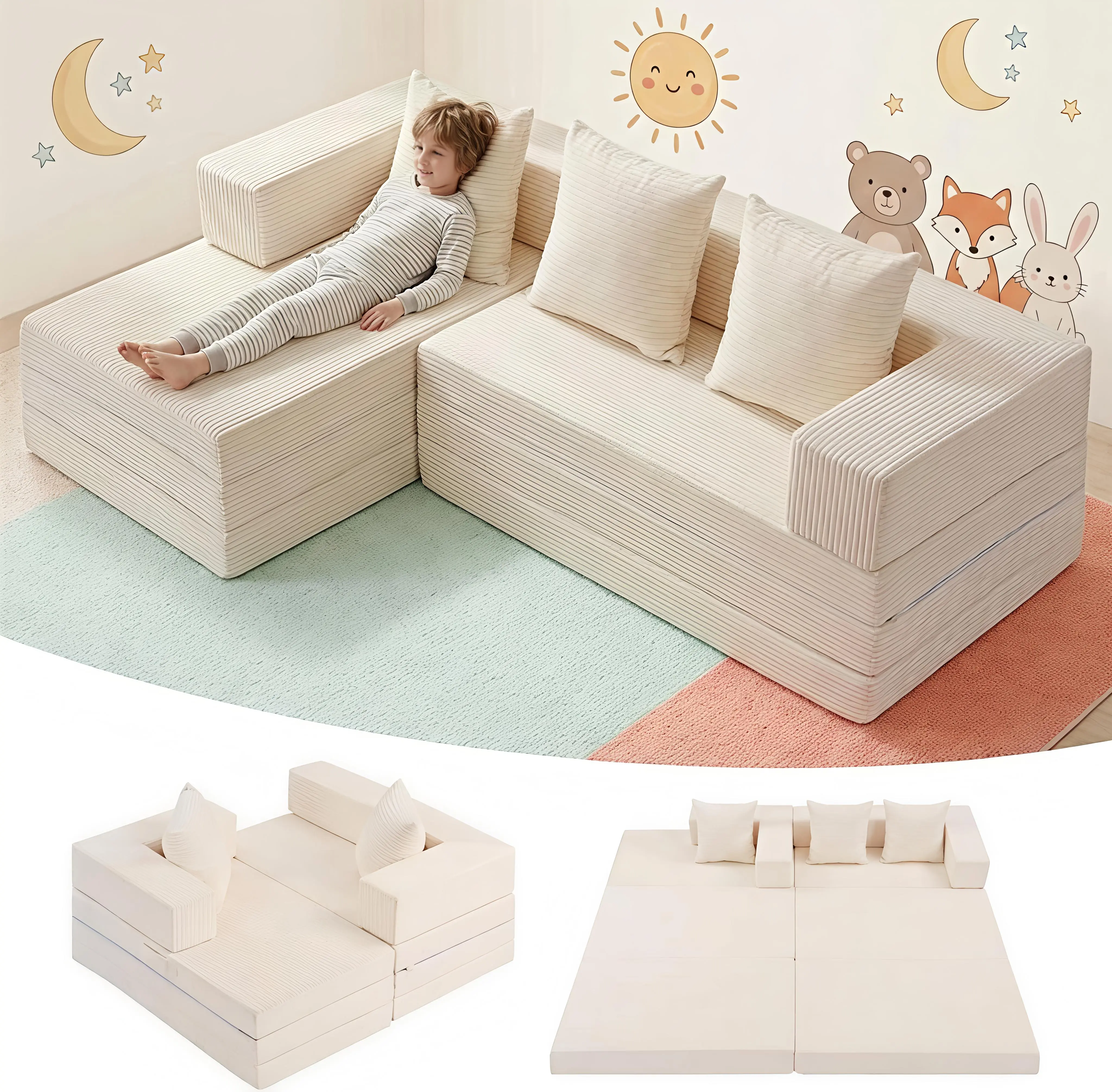 WINZOO Kids' Armless Boneless Modular L-Shape Corduroy Comfy Couch - 4-in-1 Convertible Tri-Folding Oversized Sleeper Sofa Bed with Memory Foam, No-Assembly Indoor Floor Furniture for Small Living Rooms, Small Apartments