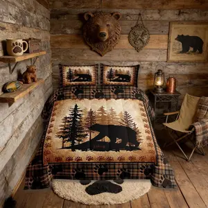 Bear Print Comforter Set,Wild Animal Hunt Pine Trees Retro Bedding Set,Kids Boys Men,Rustic Grid Plaid Cabin Decor Quilted Duvet Set