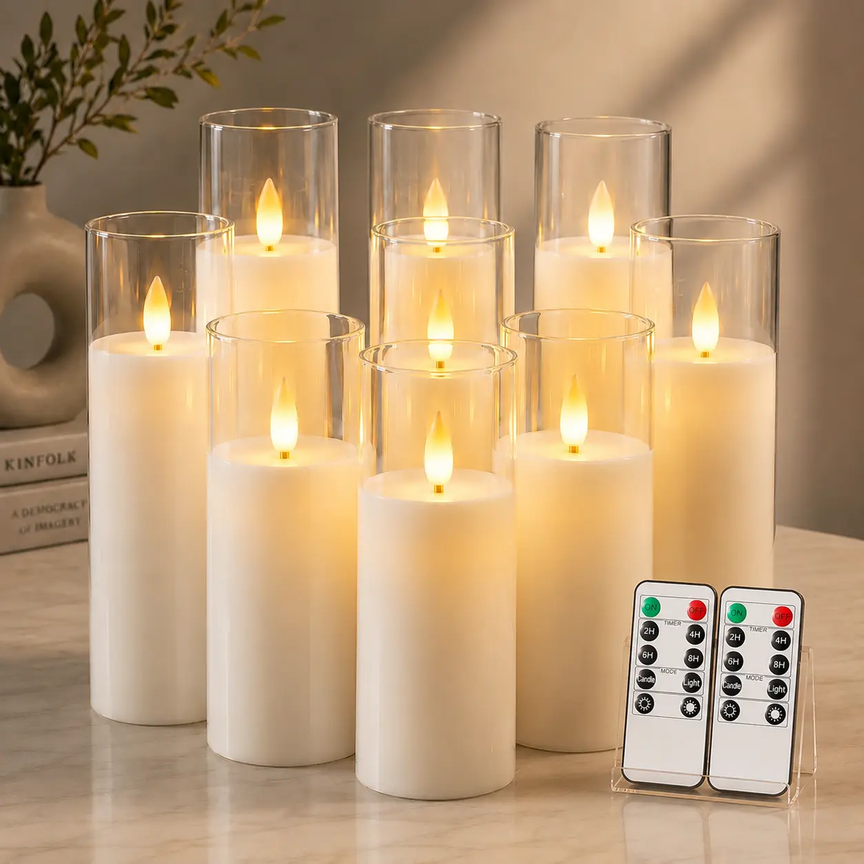 Pure White Acrylic Flameless Candles, LED Candles, Battery Operated Candles with Remote Control and Timer, Fake Electric Candle, Wedding, Home Decor, Set of 9，D2.2 x H5"6"7" Lighting Modes Adjustable Back to School