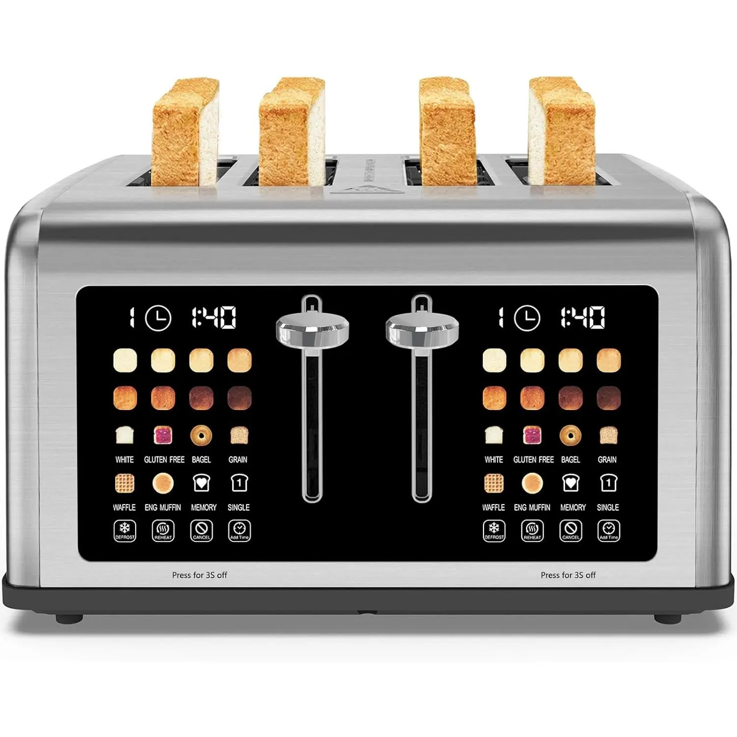 4 Slice Toaster Touch Screen, Stainless Steel Toasters Digital Timer, Dual Control Panel Toasters, 8 Shade Settings 6 Bread Types for Bagel, Cancel, Defrost 1650W