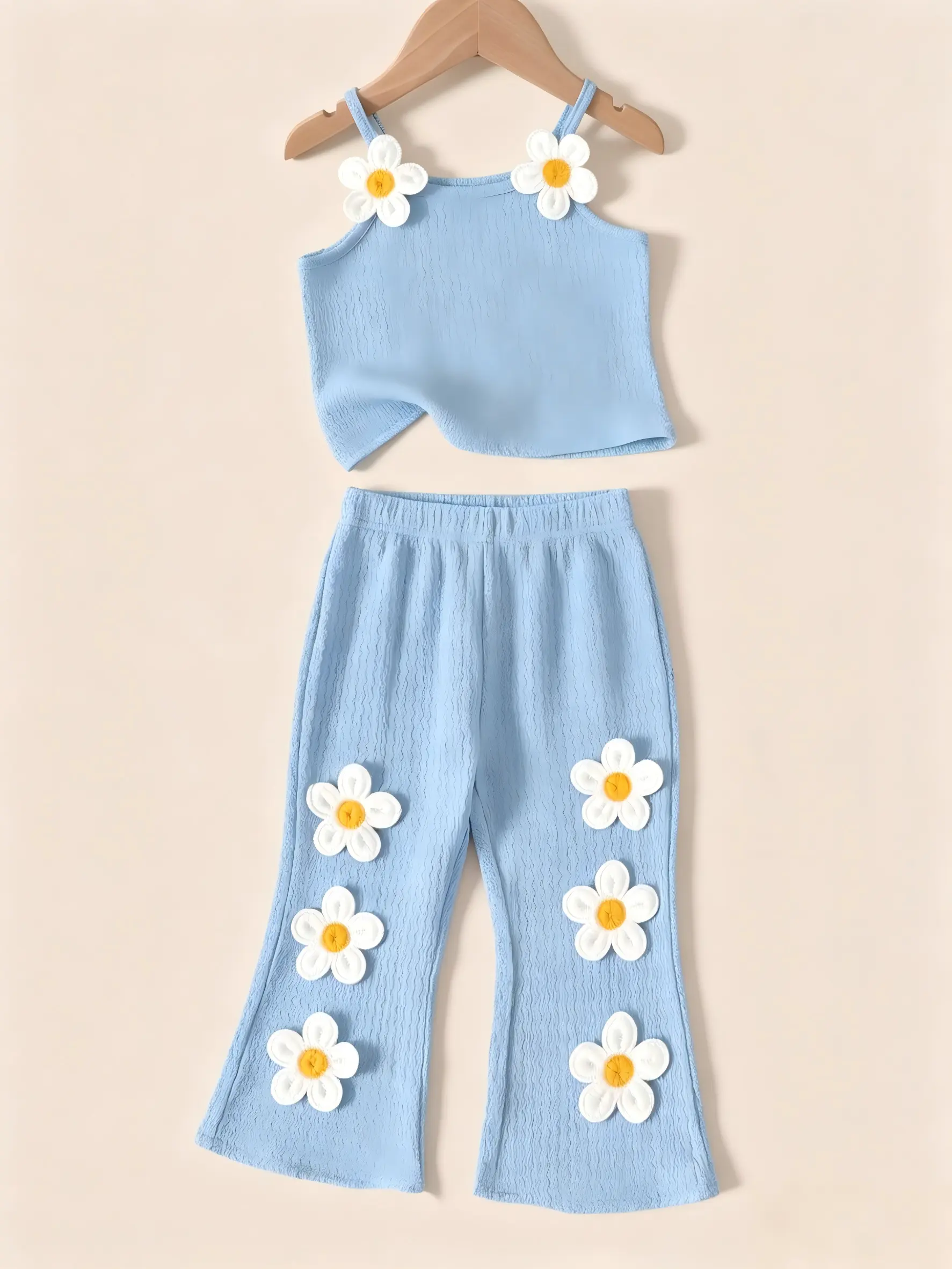 2pcs, Cute Baby Girls Clothes, Stylish, Soft, Comfortable, Simple And Versatile Knitted Floral Camisole And Flared Pants Set, Toddler Girls Clothes, Baby Clothes, Suitable Summer For Everyday Wear, Vacations, Parties, Photo Shoots, Outdoor Activities