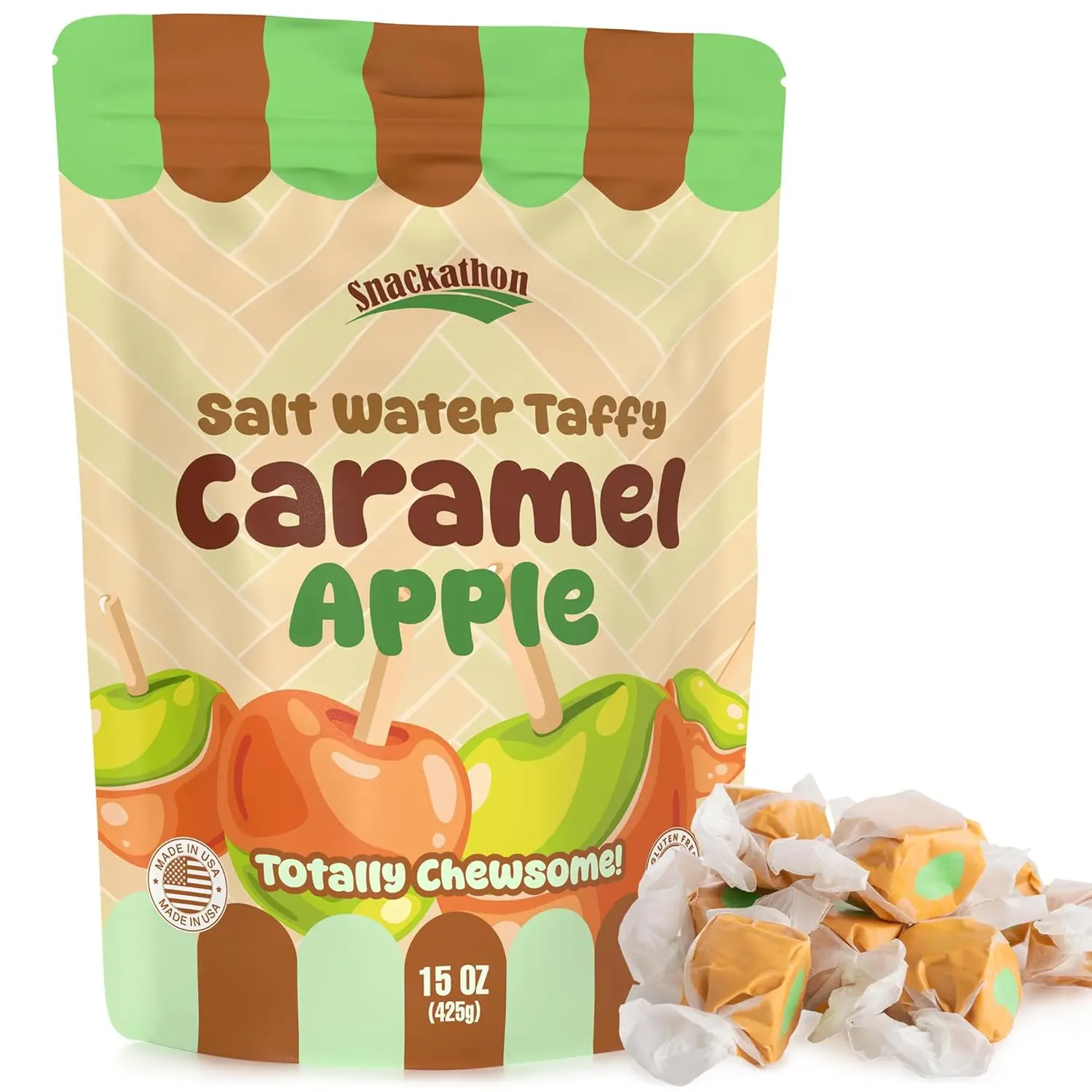 Snackathon Salt Water Taffy Single Flavor, Caramel Apple, Bulk Individually Wrapped Gourmet Candy, Soft & Chewy Sweet Treats, 15 oz Resealable Bag
