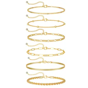 6Pcs Waterproof Gold Bracelets Set for Women Trendy,Fashion Stackable Tennis Beaded Figaro Herringbone Paperclip Link Bracelet Pack Stack Gifts for Women