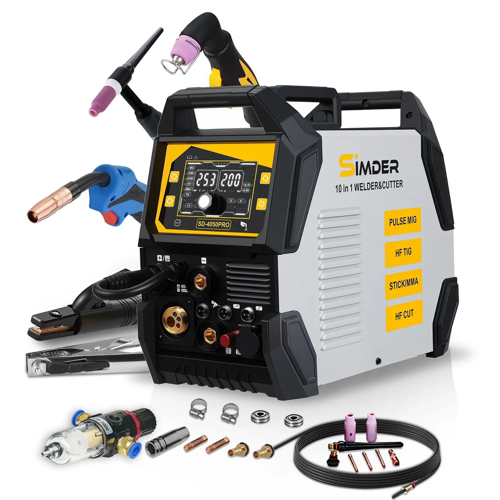S SIMDER Aluminum MIG Welder Machine Pulse MIG/MAG/HF TIG/Stick weld/Pilot ARC Plasma Cutter 200A Welding Machine SD4050Pro 10 in 1 Welder Cutter Combo Welder Machine
