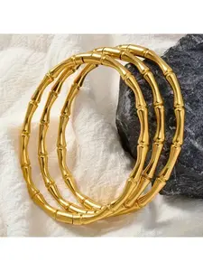 Bamboo Design Gold Bangle Set, 3-Piece Stackable Bracelets, Stainless Steel No Fading Bangles, for Women, Fashion Jewelry & Gifts for Daily Wear.