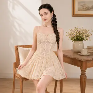 Dresses Short Summer Graduation Party Dress Sundress Straps Design Dinner Outfits Vacation Classy Cute Outfit Sets Lace Birthday Outfit Elegance Evening Adjustable Sleeveless Beige Guest Dress