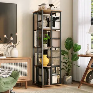 54in rotating bookshelf tower, 4-tier 360° spinning bookcase with safety rails, space-saving corner storage for books plants and decor, slim vertical rack for living room bedroom or study, easy grab-and-go display