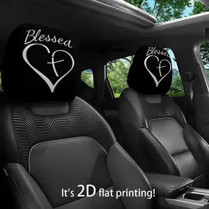 2pcs White Cross Heart, Blessed Letter Printed Car Headrest Covers, Made of 2D Flat Elastic Polyester Material, Washable And Easy to Install, Suitable for Long-Distance Driving Trips And Daily Commuting, Alleviating Neck Fatigue