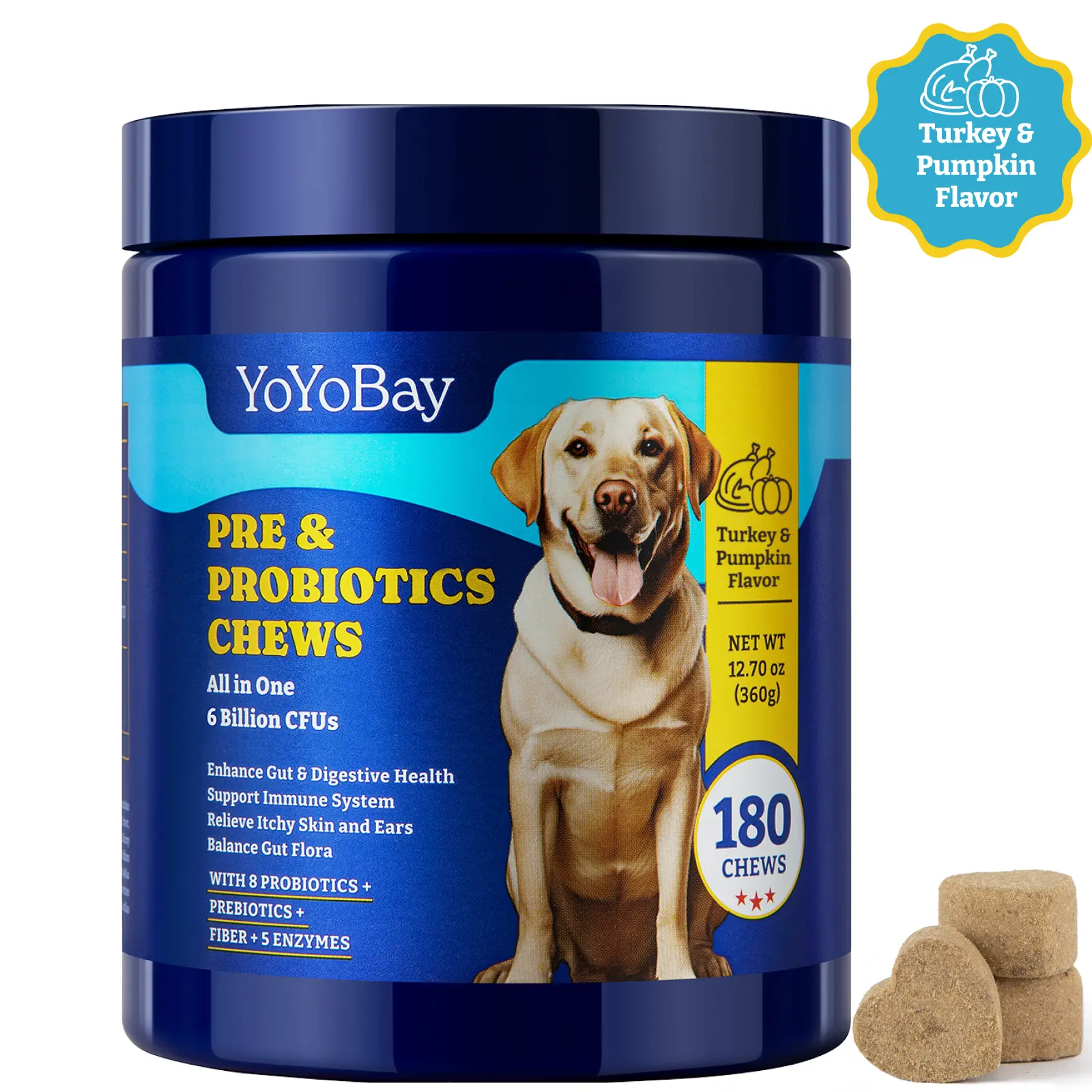 Dog Probiotics - 6 Billion CFUs, Prebiotics & Digestive Enzymes for Gut, Immune & Skin Health - Turkey & Pumpkin Flavor - 180 Soft Chews for Pet