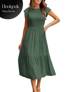 HEEKPEK Women's Summer Ruffle Cap Sleeve Dress, Smocked Tiered Flowy Midi Dress for Casual Beach Vacation Sleeveless Long Dress
