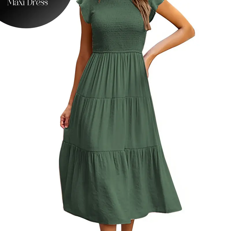 HEEKPEK Women's Elegant Minimalist Comfortable Summer Dress - Ruffle Cap Sleeves, Smocked Tiered Midi, Crew Neck, Chic Style, Holiday Wedding Guest Beach Casual Women's Dresses