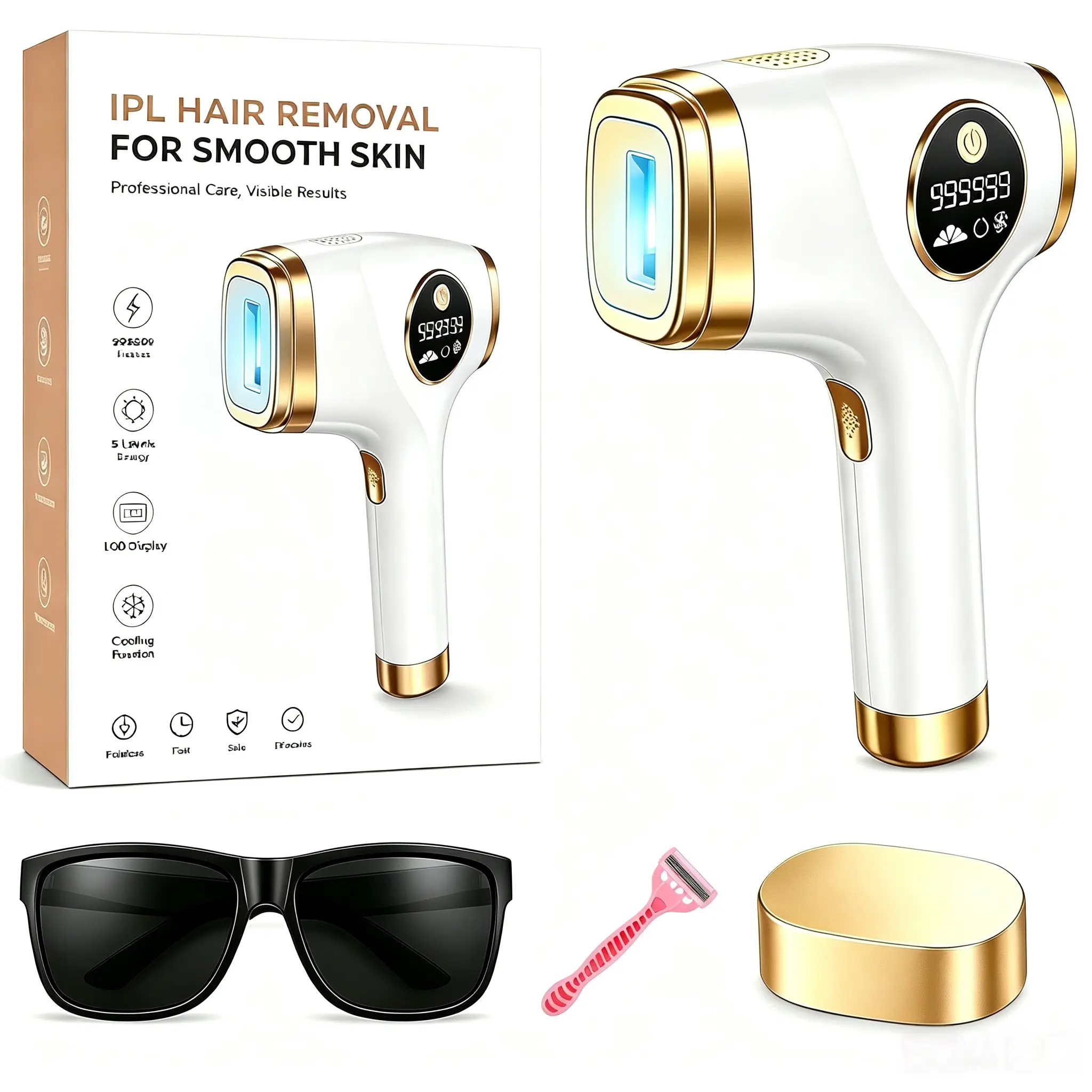 Smooth Lightweight Adjustable IPL Hair Removal Device - Painless Permanent, 999900 Flashes, 5 Energy Levels, Sensitive Skin Safe, Whole Body & Face Hair Remover for Women (Bikini, Legs Use)