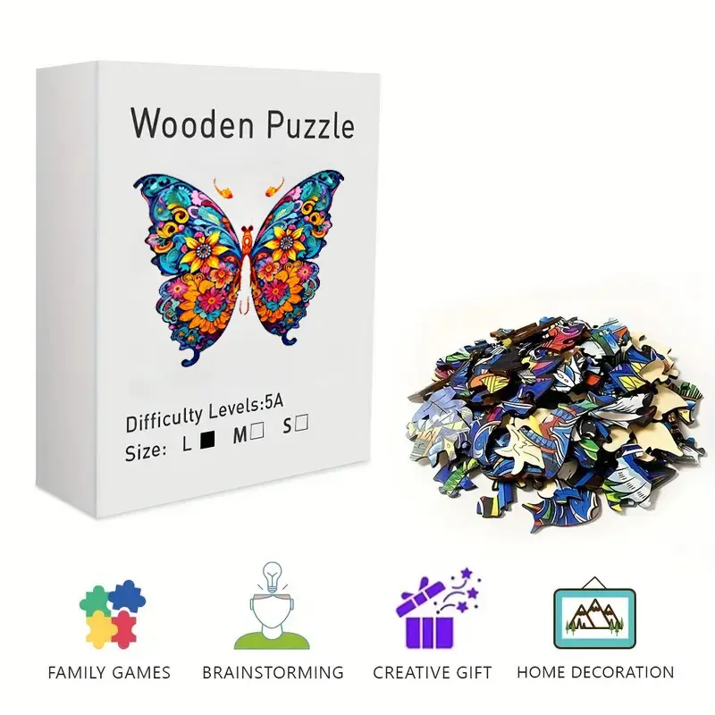 Vibrant Floral Butterfly Wooden Jigsaw Puzzle for Adults & Kids - Challenging Irregular Shaped Pieces, Colorful Mandala Art Puzzle, Stress Relief Brain Teaser, Framable Wall Art & Home Decor